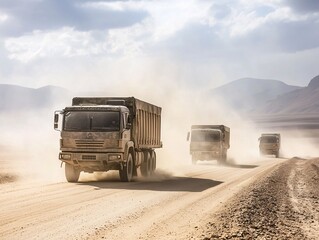 Secure military transport convoy desert landscape action scene dusty environment wide viewpoint high-value cargo