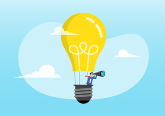 a businessman flying in a bulb-shaped hot air balloon while looking through a telescope