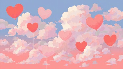 Romantic Valentine's Day Sky: Cute Heart-Shaped Balloons and Fluffy Clouds on Soft Blue Background. Vector Illustration for Greeting Cards, Posters, and Digital Designs. Seamless Pattern with Transpar