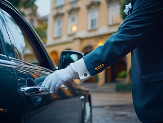 Professional chauffeur opening car door urban setting cinematic shot sophisticated environment close-up viewpoint
