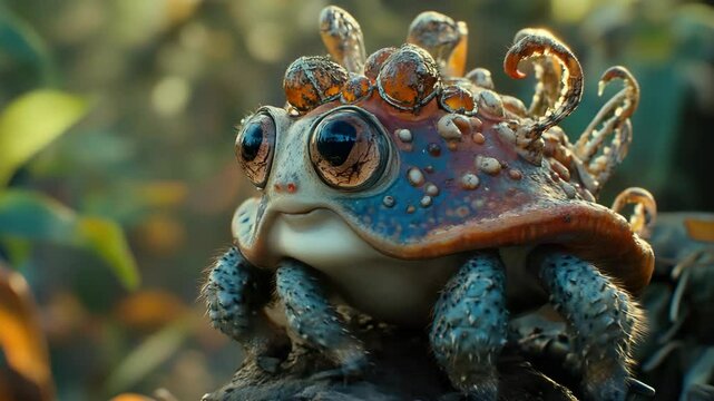 A close up of a frog's face