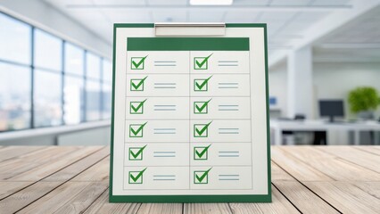 ESG compliance strategy concept. Checklist on a clipboard in a modern office setting.