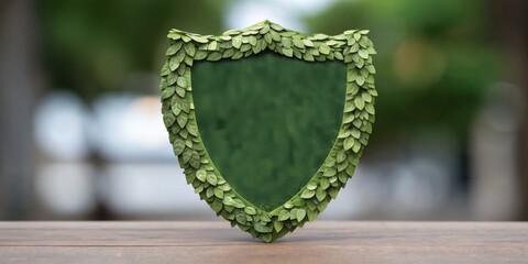 ESG compliance strategy concept. Green shield with leaf design set against a blurred background.