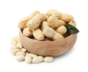 Fresh unpeeled peanuts in bowl and peeled ones isolated on white