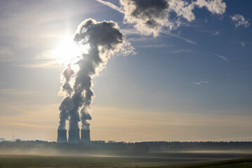 Temelin Nuclear Power Plant emitting steam in South Bohemia, Czechia