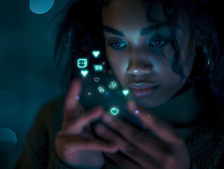 Close-Up of Young Woman Holding Smartphone with Glowing Holographic Social Media Icons ,Digital Engagement and Futuristic Interaction