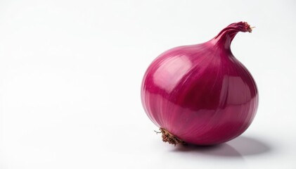 Single red onion, vibrant color, clean white background, closeup, culinary