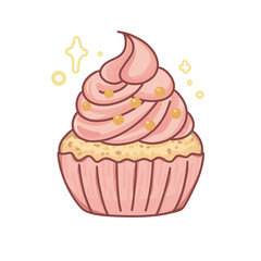 A pink cupcake with raspberry rose swirl frosting and gold edible pearl sprinkles, sparkly glow.
