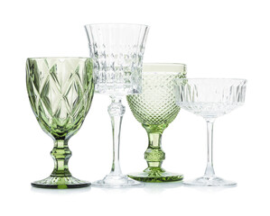 Different empty clean glasses isolated on white
