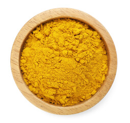 Turmeric powder in bowl isolated on white, top view. Aromatic spice