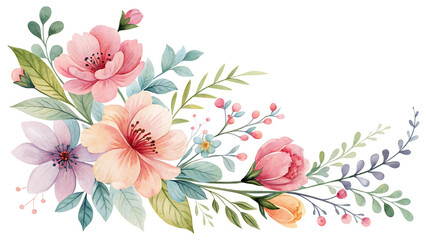 Fototapeta premium Watercolor floral corner arrangement with pink, peach, and lilac blossoms and greenery Transparent PNG