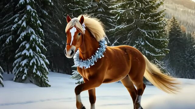 Festive horse running in the winter landscape