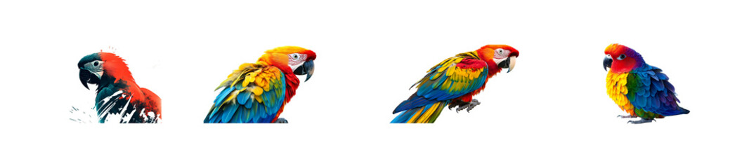 Collection of macaw birds in various poses, cut out transparent