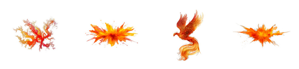 Burning hot orange fiery explosions and phoenix bird, cut out transparent