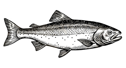 Naklejka premium Engraved Salmon Illustration, Black and White Fish Drawing