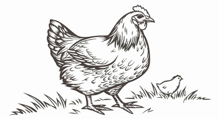 Hen and Chicketch Line Drawing Illustration