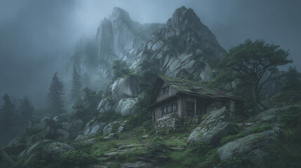 Lonely cabin in misty mountain landscape with rocky peaks and moody forest, atmospheric cinematic scenery for mystery or solitude concept