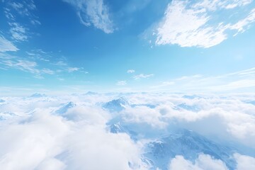 Blue sky with fluffy cumulus clouds on a sunny day. Blue sky background. White fluffy clouds in a vibrant blue sky. Peaceful clear sky. Summer backdrop. Cloudy sky background. Open air. Sky view