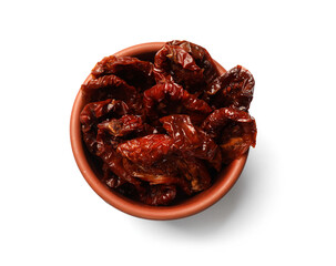 Delicious sun dried tomatoes in bowl isolated on white, top view