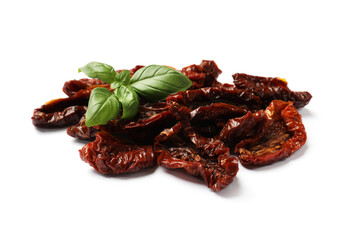 Delicious sun dried tomatoes and basil isolated on white