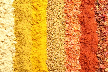 Many different spices as background, top view