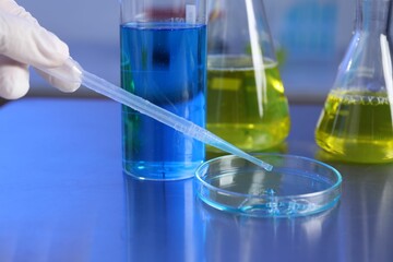Scientist taking sample with pipette out of Petri dish at table in laboratory, closeup
