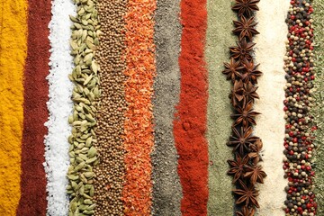 Many different spices as background, top view