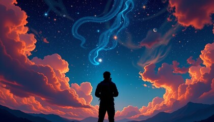 Stargazing adventure under cosmic clouds majestic mountains digital art night sky dreamy perspective