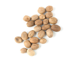 Fresh nutmegs isolated on white, top view