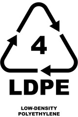 Plastic recycling code symbol for low-density polyethylene, triangle of arrows containing a number 4 with LDPE letters below.
