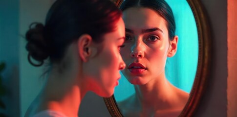 Obraz premium A mirror reflects a blurred image, symbolizing the complexities and uncertainties of self-perception and identity , focus, vague, abstract