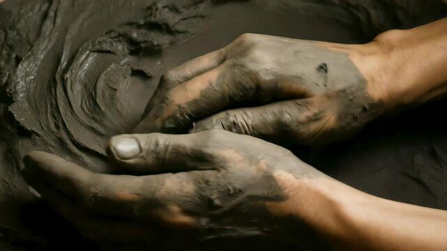 wet clay squishes under firm palms as wet clay is rolled and pressed shaping new form while wet clay brings earthy smell to the studio. Concept creative grounding.