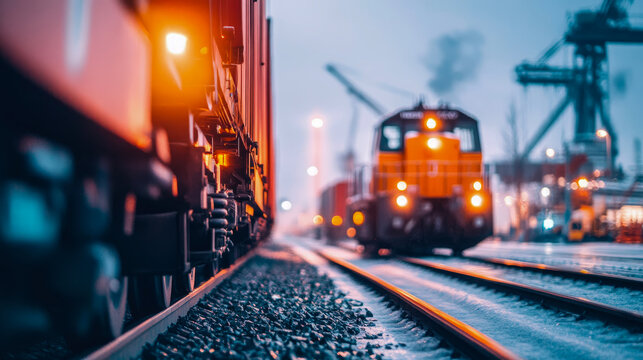 Fototapeta Night Cargo: Powerful locomotive hauling freight at twilight