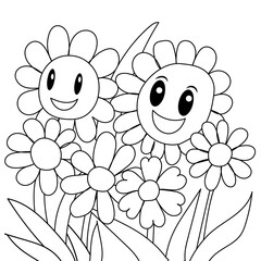 Coloring page for kids flowers kawaii smiling, coloring book for children doodle