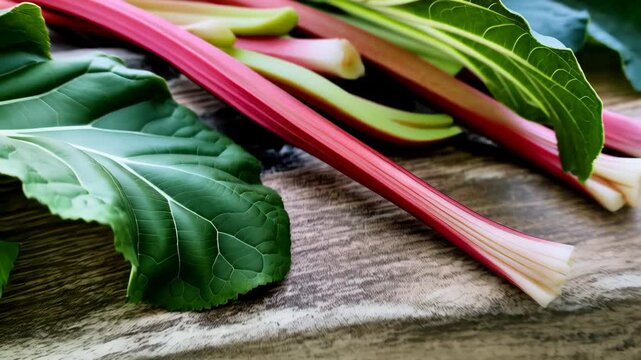 Freshly harvested rhubarb stalks with green leaves on a rustic wood background in soft light with natural colors showcasing vibrant hues.