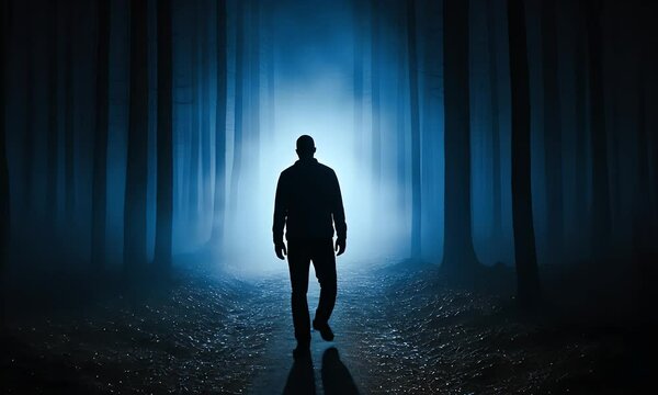 Man walking alone in dark spooky forest