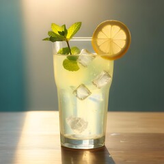 Refreshing glass of lemonade with ice and mint leaves placed on sunlit table, perfect summer drink with citrus and herbal freshness
