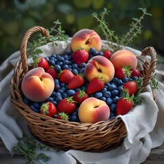 Basket filled with fresh summer fruits including strawberries, blueberries, peaches and greenery, perfect seasonal healthy harvest