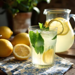 Refreshing glass of lemonade with ice and mint leaves placed on sunlit table, perfect summer drink with citrus and herbal freshness