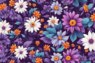 Fototapeta premium Vibrant Floral Pattern with Purple and White Flowers Botanical Dark Background Seamless Design for Textile