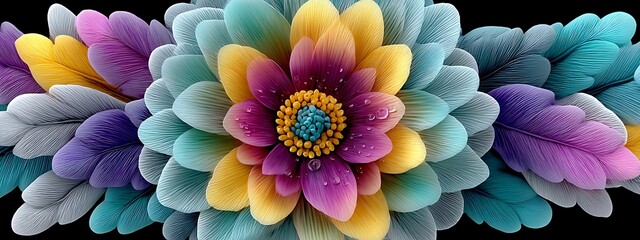 A vibrant, whimsical arrangement of colorful, textured flowers on a black background