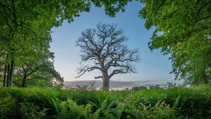 Large oak tree framed by green foliage under a blue sky