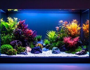Vibrant Aquascape Colorful Plants and Gravel Gradient in a Modern Aquarium