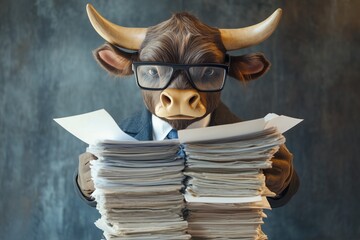 bull with glasses in office reading data paper by generative ai