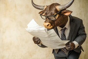 bull with glasses in office reading data paper by generative ai