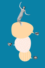 Poster image art sketch vertical collage of happy girl stand bubble stack communication dialogue...