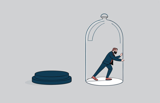 Businessman inside the glass try to push so hard to break boundary. Business constraints or stagnant, prohibition or difficulty prevent from improvement or success.