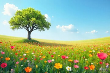 Fototapeta premium A solitary tree stands amidst a field of vibrant wildflowers, its branches reaching towards a clear sky; a serene blend of isolation and natural beauty , serenity, green, grass