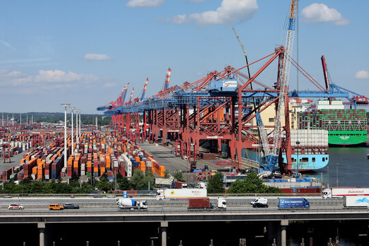 View of Port of Hamburg Waltershof HHLA Container Terminal Burchardkai and Eurogate Terminal. Hamburg, Germany,May, 2025