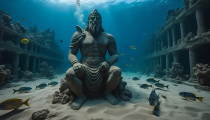 Fototapeta premium Underwater Ruin With Majestic Statue And Colorful Fish In Ocean Depth